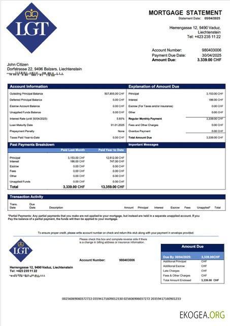Modèle Word et PDF de relevé hypothécaire de la LGT Bank du Liechtenstein